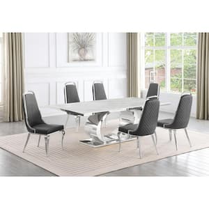 Ibraim 7-Piece Rectangle White Marble Top with Stainless Steel Base Dining Set with 6 Dark Grey Velvet Chrome Iron Chair