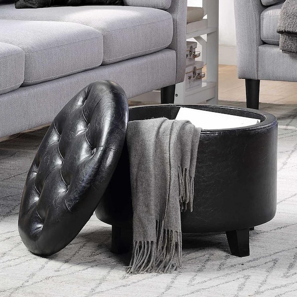 Convenience Concepts Designs4Comfort Black Faux Leather Round Storage Ottoman