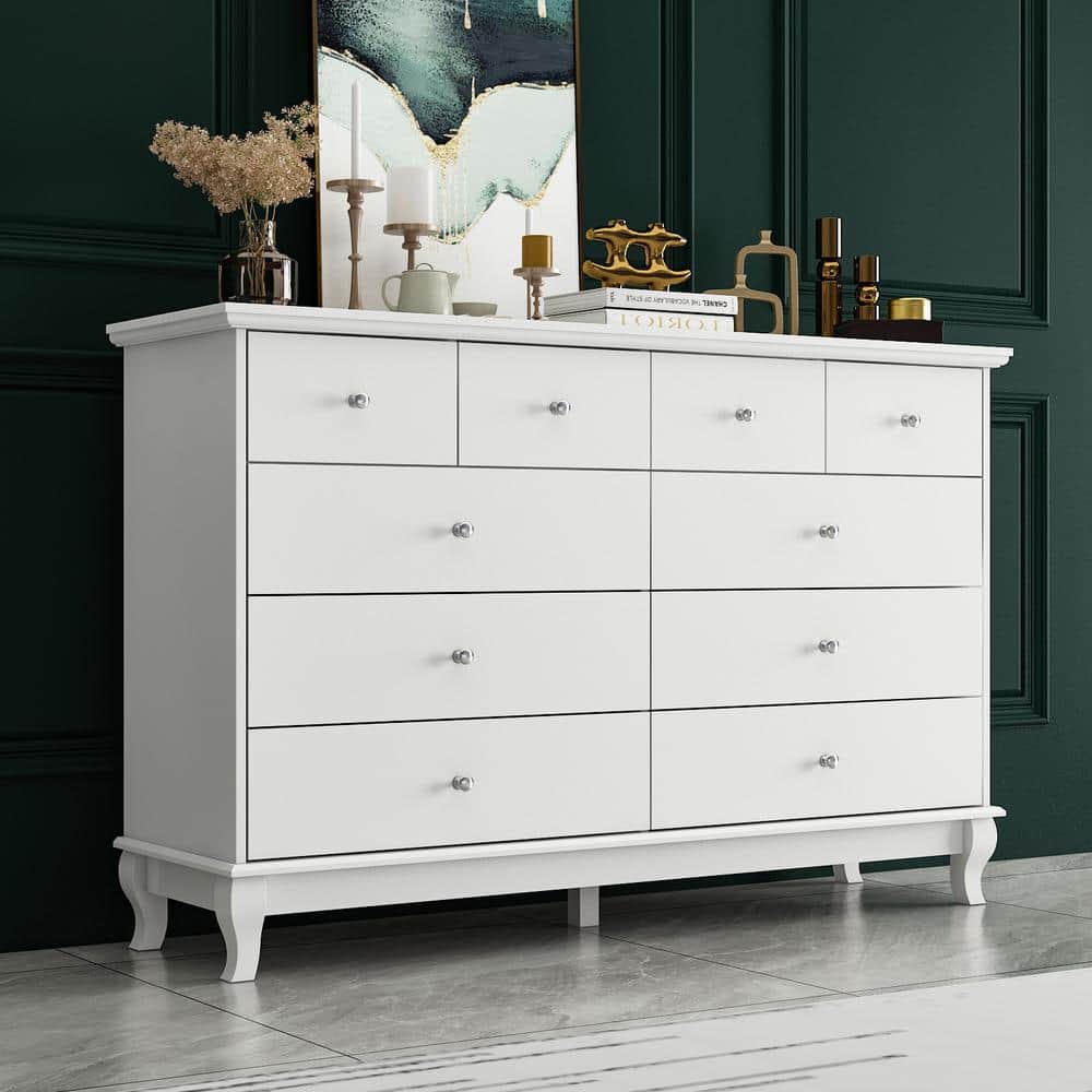 White MDF 10-Drawer Mid-Century Modern Dresser