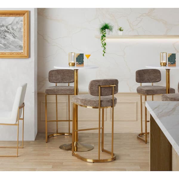 Demi Mid-Back 38 in. H Brown Fabric and Gold Metal Fixed-Height Bar Stool (Set of 2)