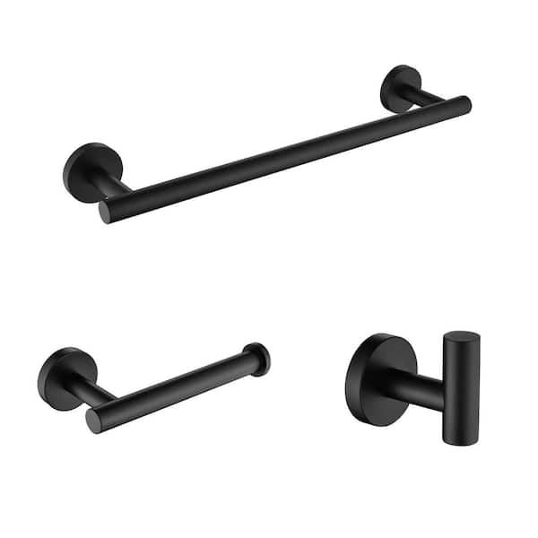 FUNKOL 3-Piece Stainless Steel Bath Hardware Set with Towel Hook and Toilet Paper Holder and Towel Bar, in Matte Black