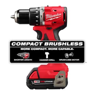 M18 18V Lithium-Ion Brushless Cordless 1/2 in. Compact Hammer Drill/Driver Kit with 2 Batteries, Charger and Case