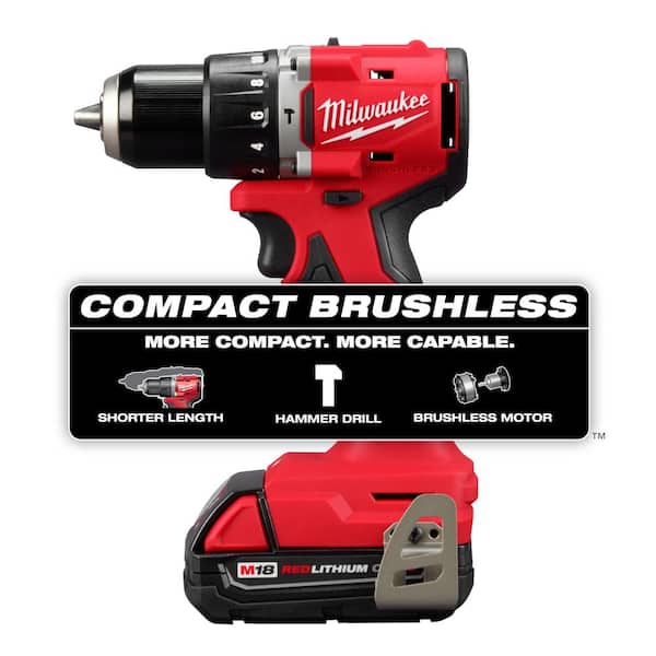M18 18V Lithium-Ion Brushless Cordless 1/2 in. Compact Hammer Drill/Driver Kit with 2 Batteries, Charger and Case