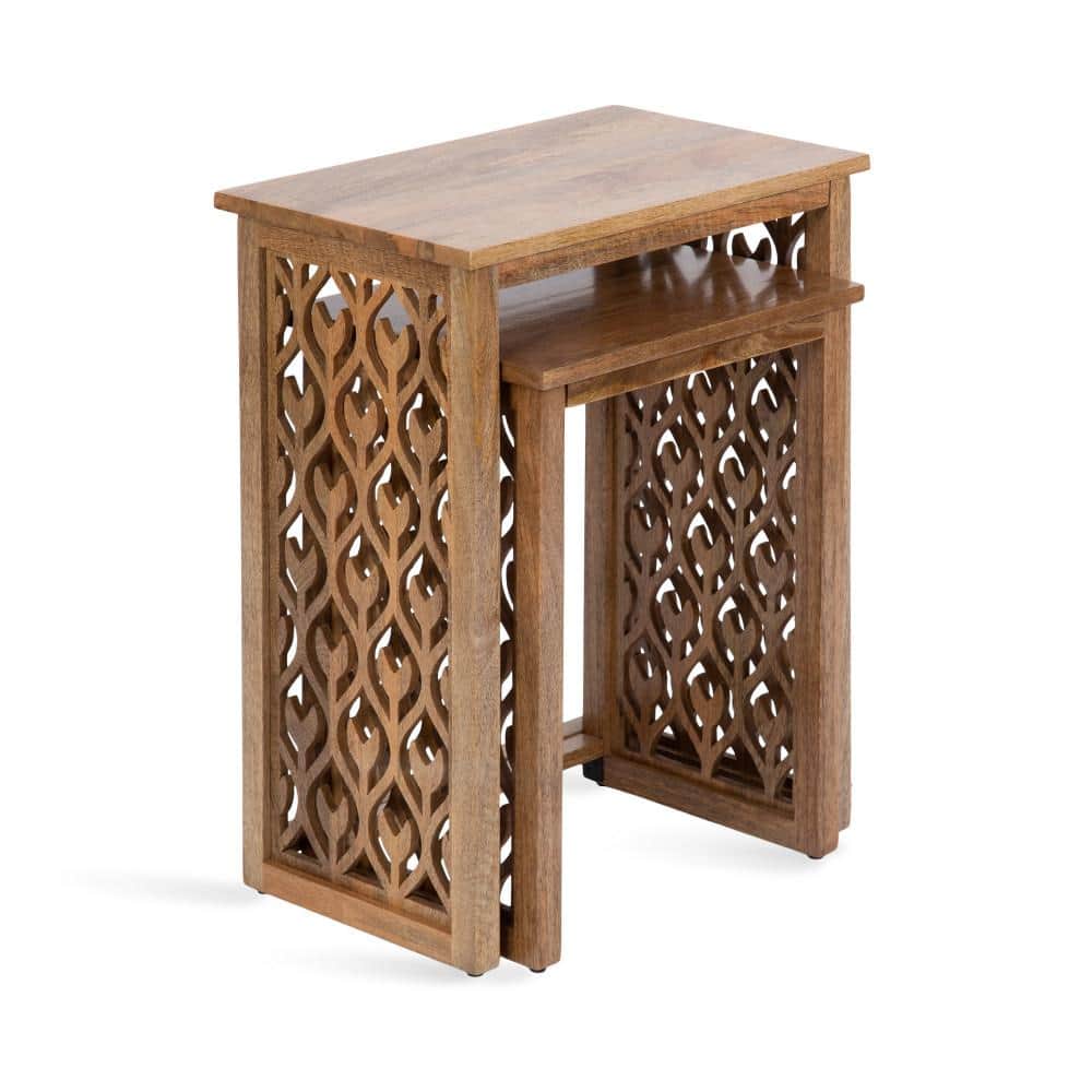 Natural Mango Wood Hand-Carved Nesting Tables, Set of 2