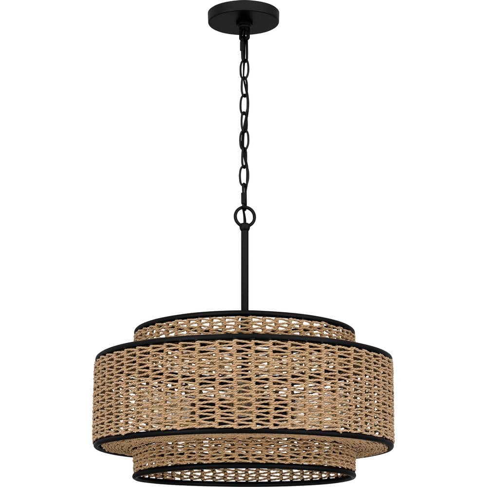 Matte Black and Natural Rope Drum Pendant Light, 5-Light