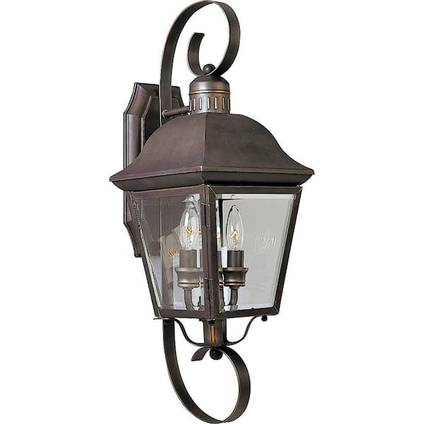 Andover Collection 2-Light Antique Bronze Clear Beveled Glass Farmhouse Outdoor Medium Wall Lantern Light