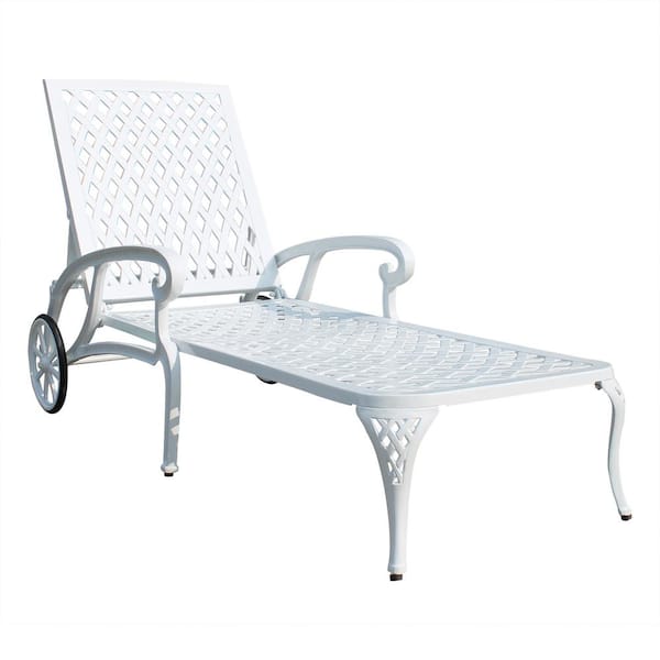 Contemporary White 1-Piece Metal Outdoor Chaise Lounge Reclining Cast Aluminum Chaise Lounge with Wheels