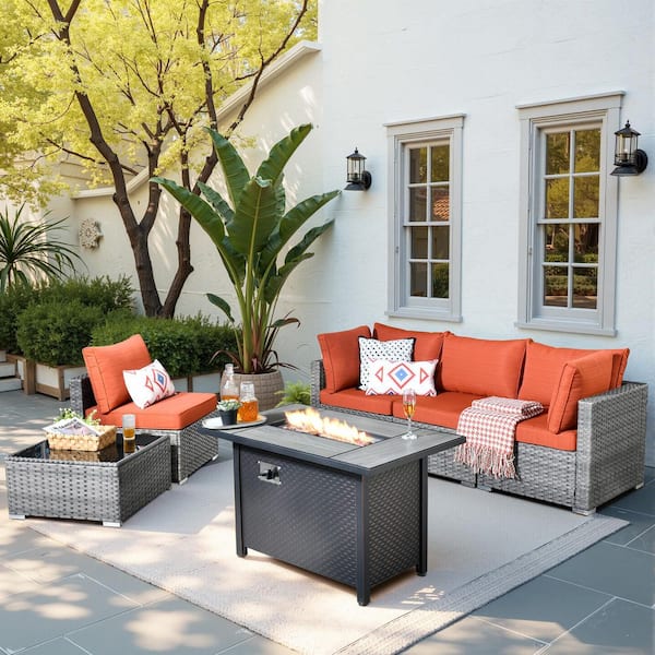 HOOOWOOO Messi Gray 6-Piece Wicker Outdoor Patio Conversation Sectional Sofa Set with a Metal Fire Pit and Orange Red Cushions