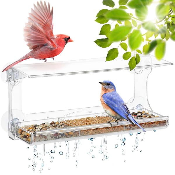 DF OMER Weatherproof Window Bird Feeder with Strong Suction Cups, Drainage Holes, and 3-Sectioned Removable Tray