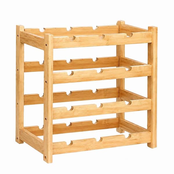 Modern Natural Bamboo Wine Rack 4-Tier Countertop Wine Bottle Holder with 16-Bottle Storage for Kitchen Pantry