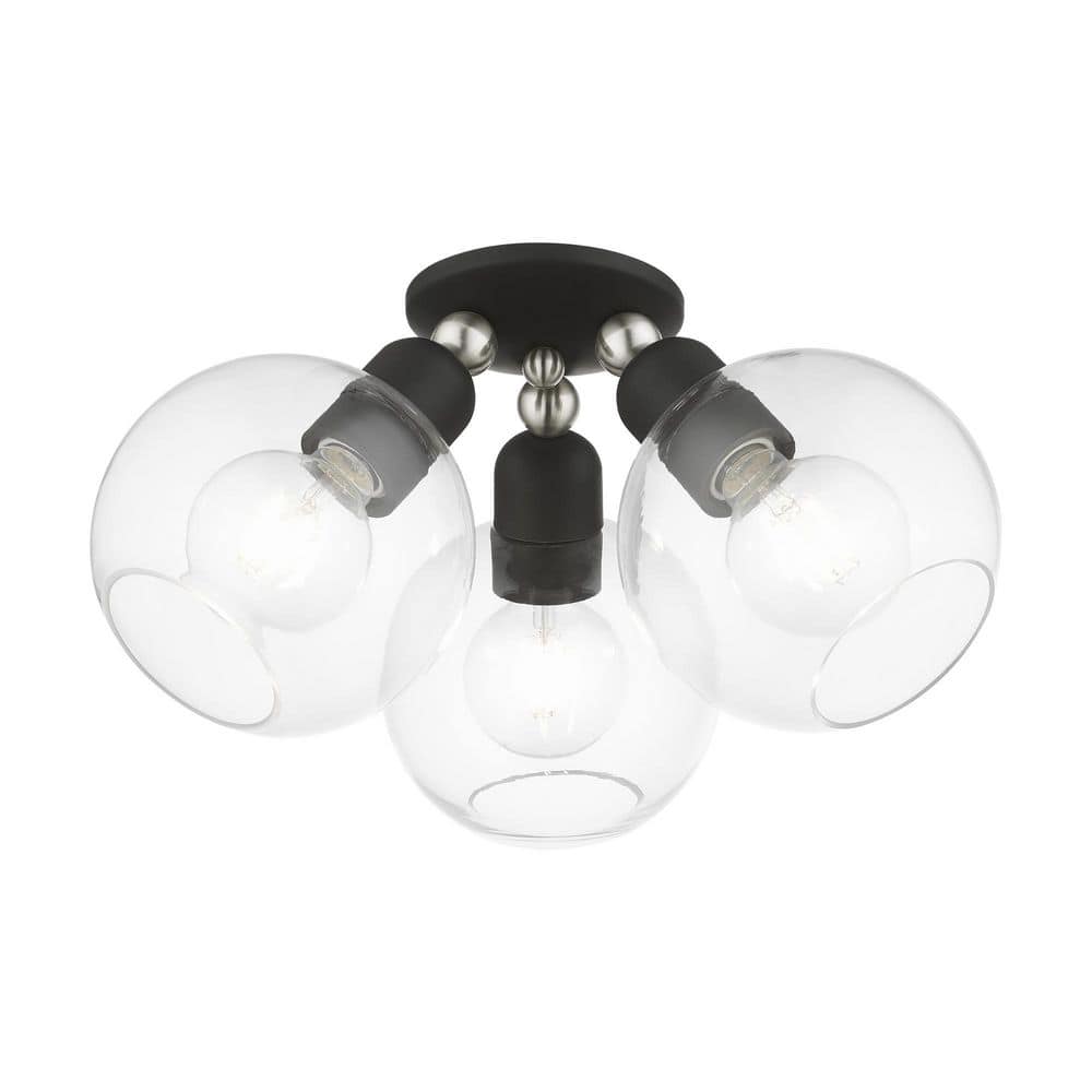 Downtown 3-Light Black and Brushed Nickel Globe Flush Mount