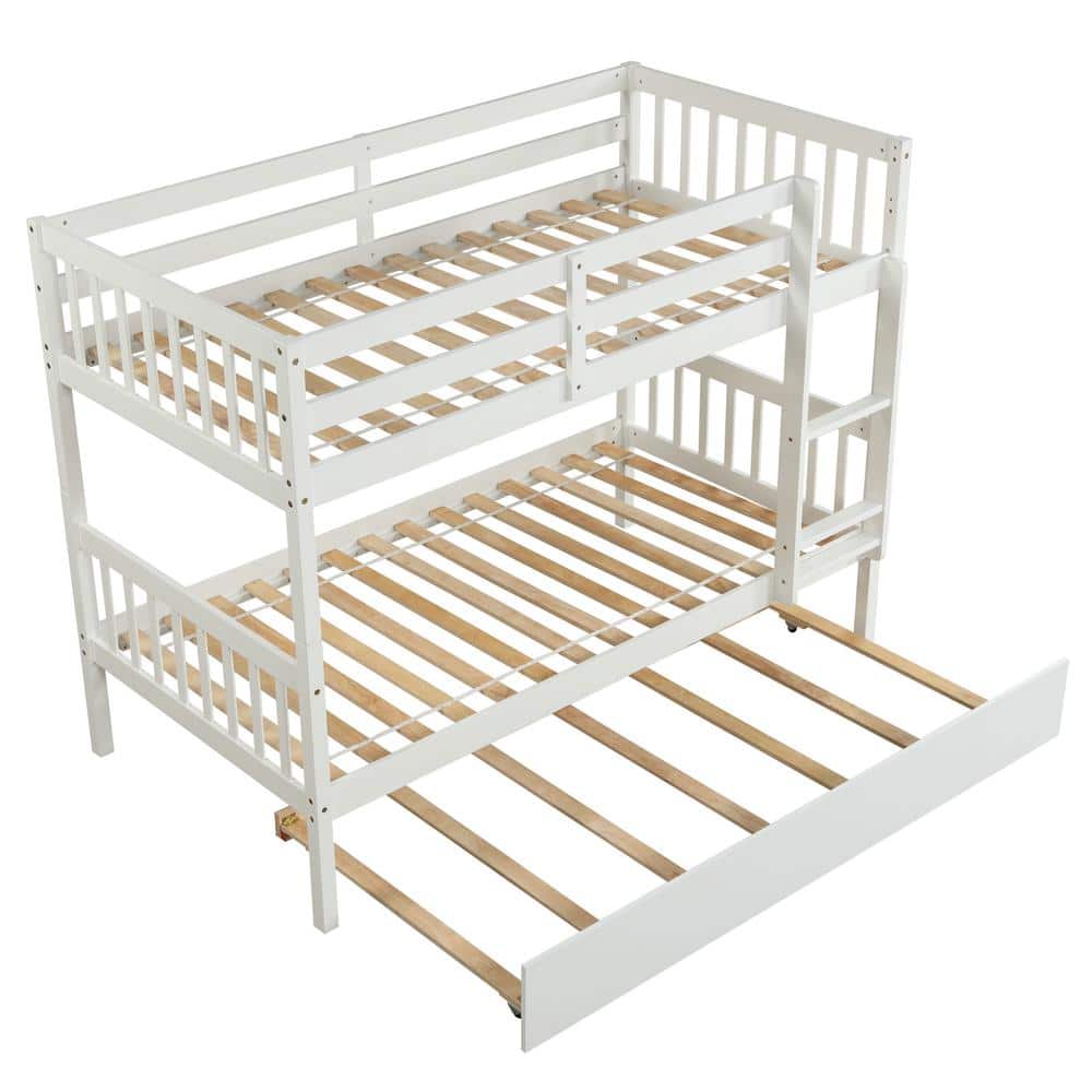 41.8 in. W White Solid Wood Twin Over Twin Bunk Beds with Trundle Bed Frame with Safety Rail and Ladder