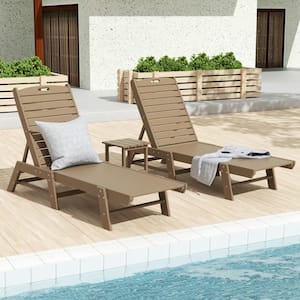 Laguna Weatherwood 3-Piece All Weather Fade Proof HDPE Plastic Outdoor Reclining Chaise Lounge Chairs, Side Table Set