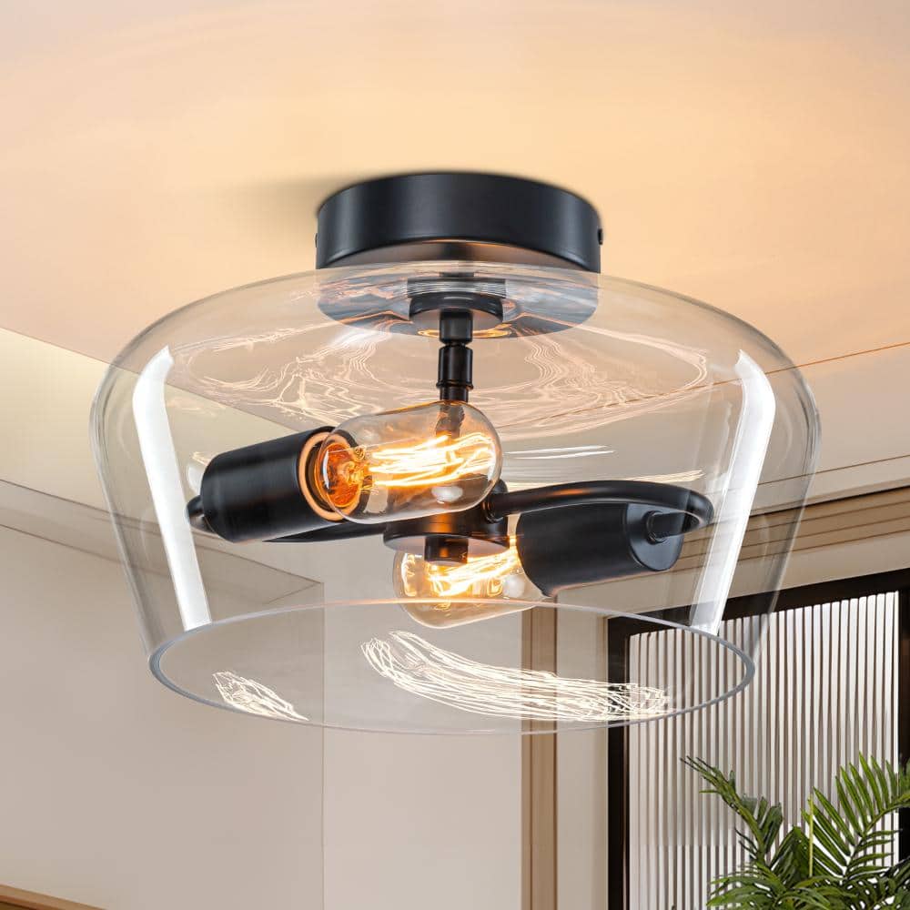 12 in. 2-Light Matte Black Semi Flush Mount Ceiling Light with Dome Clear Glass Shade for Kitchen Island Bedroom Hallway price history on PriceWatchPro