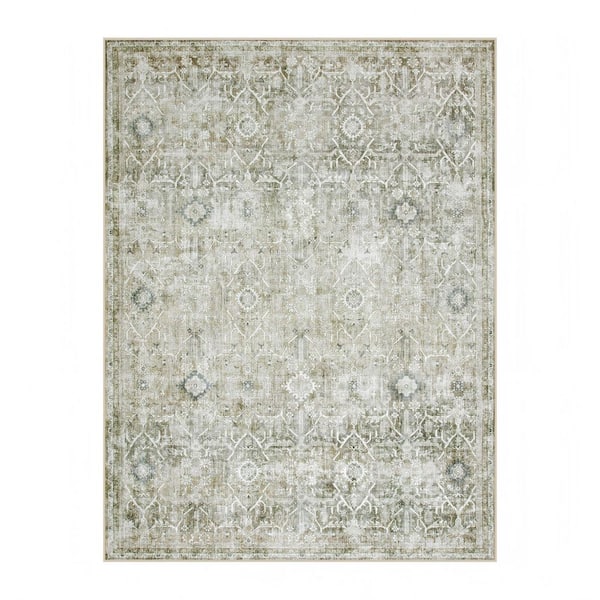 9 ft. x 12 ft. Light Green Vintage Floral Tribal Washable Non Slip Ultra-Thin Soft Area Rug