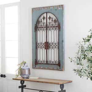 33 in. x  50 in. Wood Blue Window Pane Inspired Scroll Wall Decor with Metal Fleur De Lis Relief