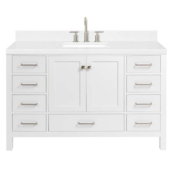 Cambridge 54 in. Single Sink Freestanding Bathroom Vanity in White with Carrara White Quartz Top