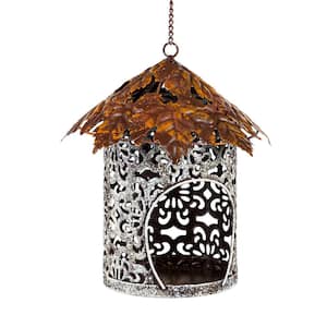 Copper and Silver Hanging Metal House with Maple Leaf Roof Wild Bird Seed Feeder
