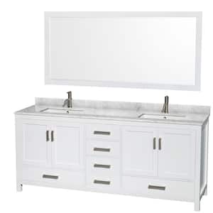 Sheffield 80 in. Double Vanity in White with Marble Vanity Top in Carrara White and 70 in. Mirror