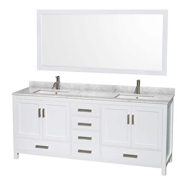 Wyndham Collection Sheffield 80 in. W x 22 in. D x 35 in. H Double Bath Vanity in White with White Carrara Marble Top and 70" Mirror