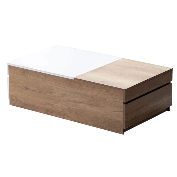 Benjara 27.5 in. Brown and White Rectangle Wood Coffee Table with Sliding Top and 2 Drawers