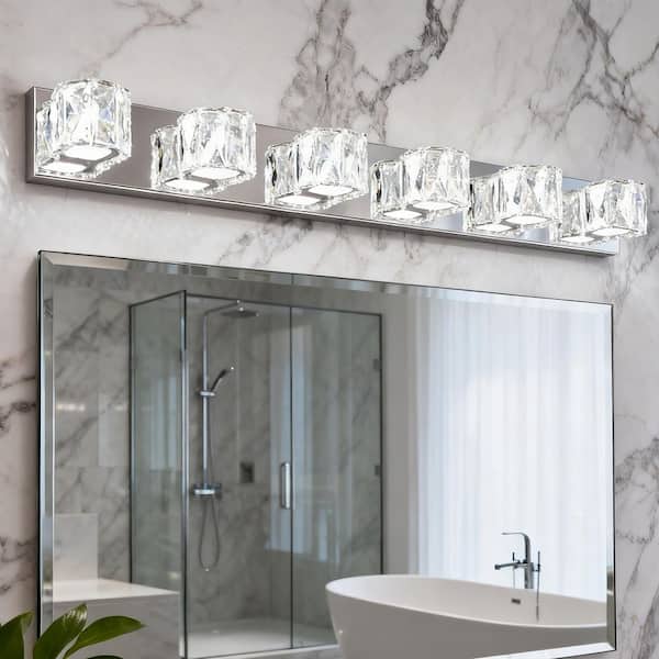 Nyela 41 in. 6-Light Chrome Crystal LED Bathroom Vanity Light with Dimmable 6000K Cool White Light
