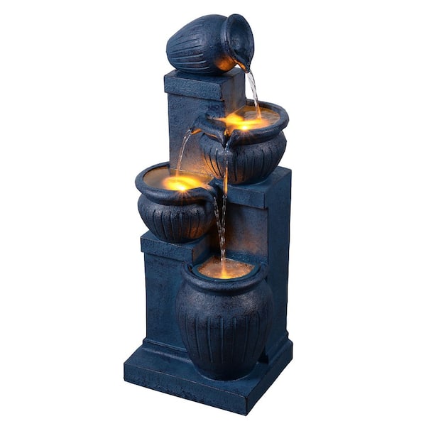28.35 in. Solar Polyresin 4-Tier Cascade Fountain with LED Light, Adjustable Flow Rate, and Navy Finish