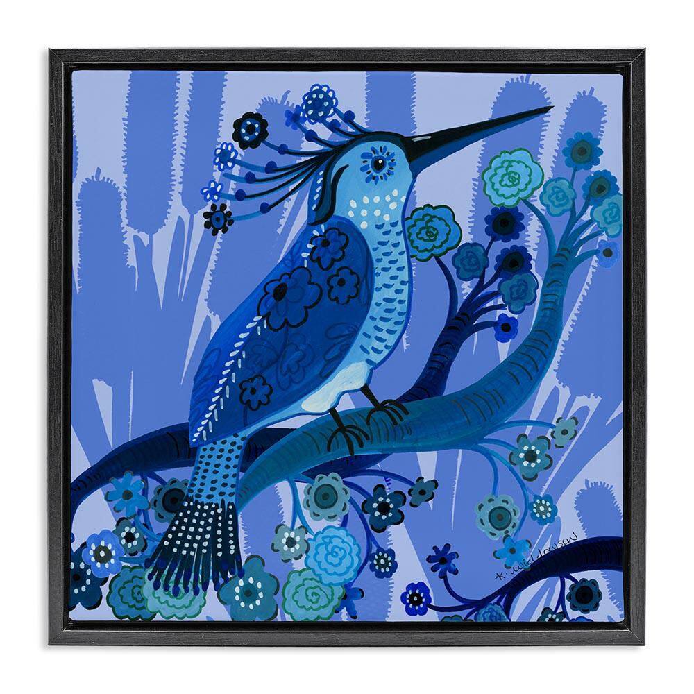 Folk Style Blue Bird by Kay Widdowson Black Floater Frame Animal Graphic Art Print 25 in. x 25 in.