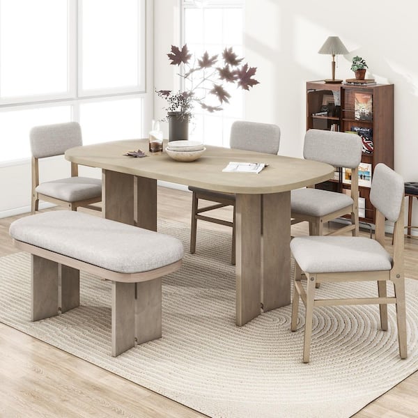 6-Piece Natural Wood Top Dining Set with 4 Beige Linen Chairs, 1 Bench