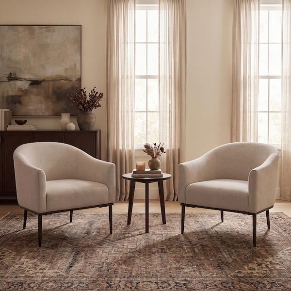 Ivory Chenille Upholstered Barrel Accent Arm Chair with Hammered, Set of 2