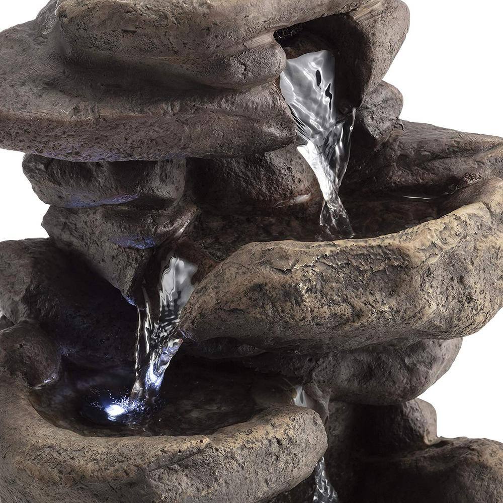 11" Gray Fiberglass 3-Tier Rock Tabletop Fountain with LED Light
