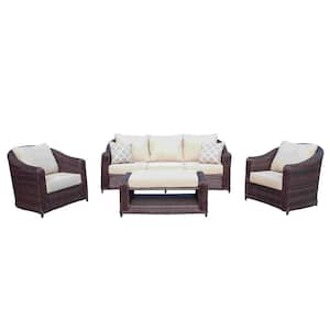 San Miguel Beige 4-Piece Wicker Rectangle 19 in. Patio Conversation with Beige Cushions