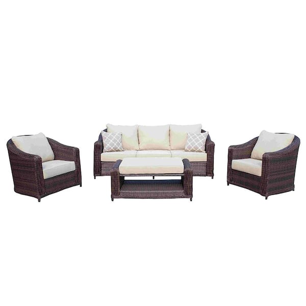Sol Living San Miguel Beige 4-Piece Wicker Rectangle 19 in. Patio Conversation with Beige Cushions