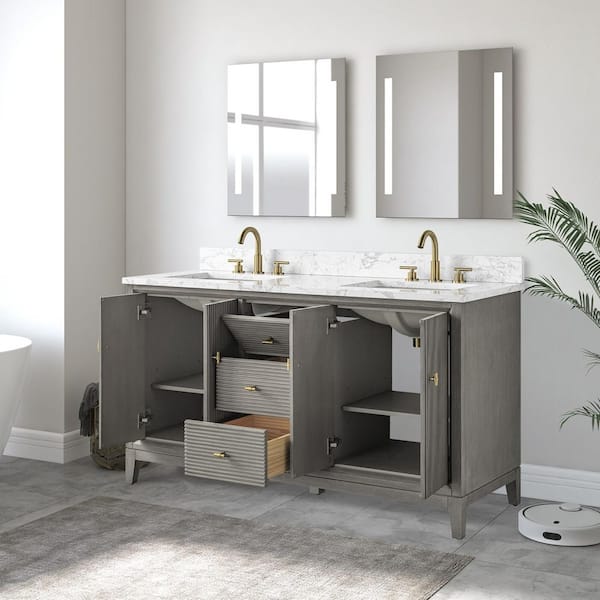 60 in. W x 34 in. H Double Sink Driftwood Gray Bath Vanity Cabinet with Arabescato White Engineered Marble Top