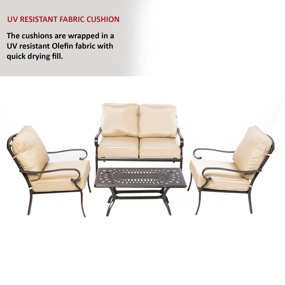Newbury Beige Cushioned Cast Aluminum 4-Piece Patio Set