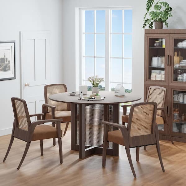 Dovelina Cinna Walnut Wood 46 in. Round Double Pedestal Dining Table Seats 4