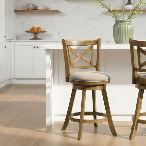 Kodi 38 in. H Swivel Wood Counter Height Bar Stool in Sepia Brown Finish with Grey Fabric Upholstered Seat - Set of 2