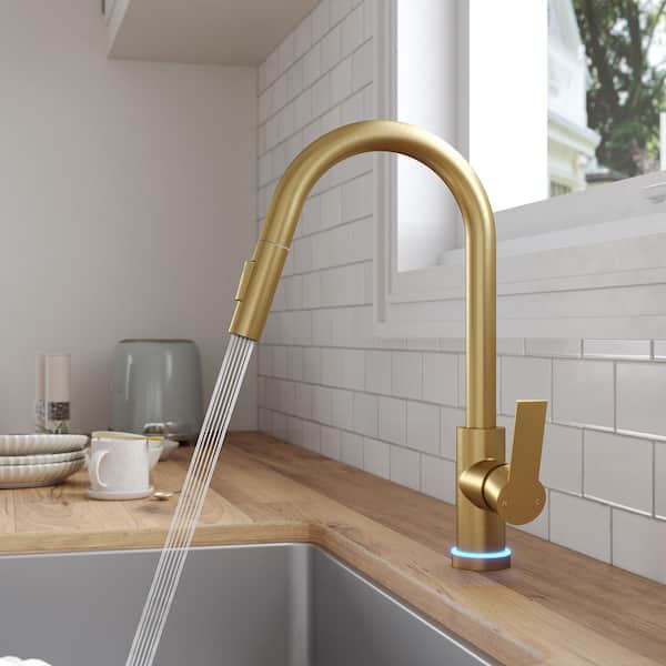 Single-Handle Pull Down Kitchen Faucet with FastMount and LED Temperature Indicator in Brushed Gold