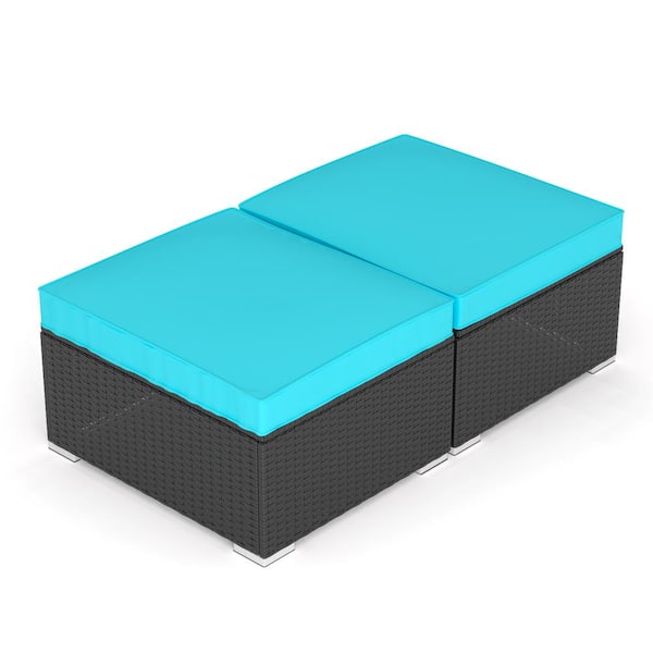 OVASTLKUY Black Wicker Outdoor Rattan Ottoman Withe Blue Cushion (2-Piece)