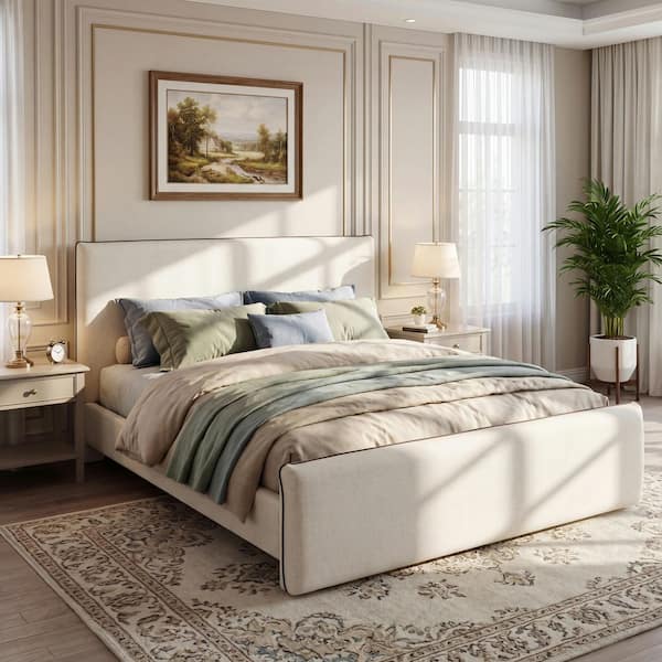 Ivro Modern Beige Linen Fabric Upholstered Wood Frame Queen Size Platform Bed with Thick Headboard