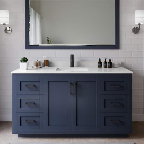 Wyndham Collection Miranda 60 in. W Single Bath Vanity in Dark Blue w/Cultured Marble Vanity Top in LV Carrara with White Basin and Mirror