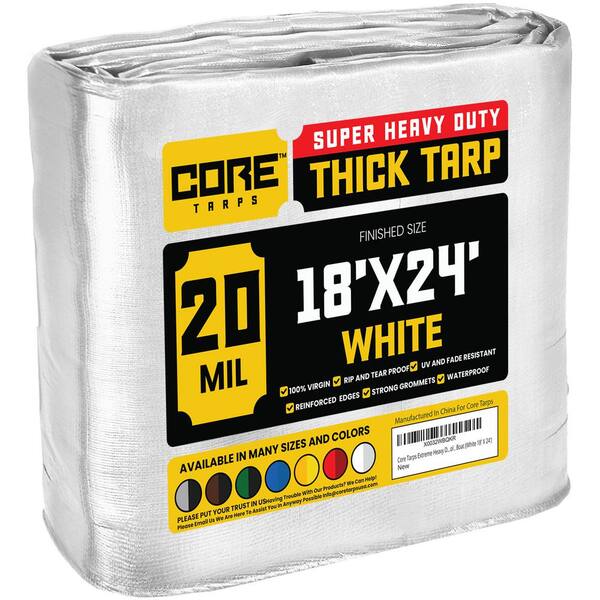 CORE TARPS 18 ft. x 24 ft. White 20 Mil Heavy Duty Polyethylene Tarp, Waterproof, UV Resistant, Rip and Tear Proof