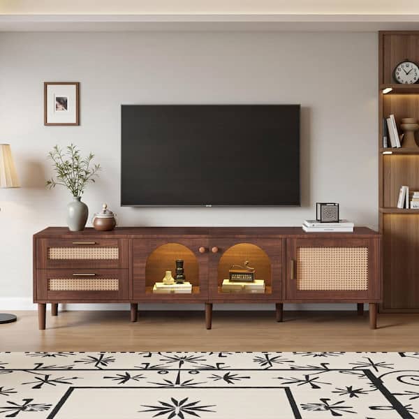 SPRUCE & SPRING Brown Rattan TV Stand Fits TVs Up to 80 in. with 3 Cabinets and 2 Drawers, LED Light Entertainment Center for Livingroom