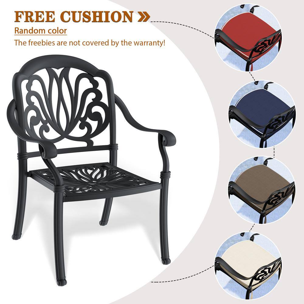 Matte Black Cast Aluminum Dining Chairs with Cushions, Set of 6
