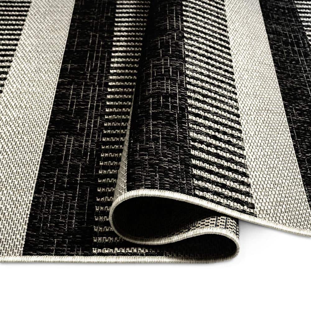 Charlotte Modern Black and Grey Striped Synthetic Indoor/Outdoor Rug