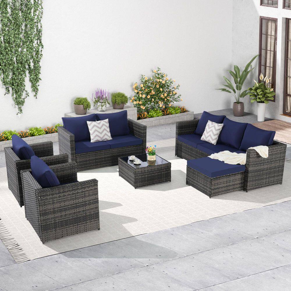 Gray Rattan Wicker 8-Seat, 5-Piece Outdoor Patio Sectional Sofa Set with Gl