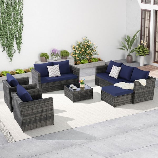 Unbranded Gray Rattan Wicker 8-Seat, 5-Piece Outdoor Patio Sectional Sofa Set with Glass Table, Dark Blue Cushions and Pillows
