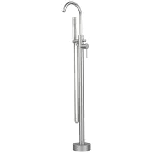 Single-Handle Freestanding Floor Mount Tub Filler Faucet with Hand Shower in Brushed Nickel