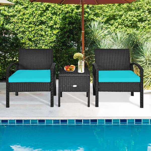Kadehome 3-Piece PE Metal Rattan Patio Conversation Sofa Set with Removable Cushion in Off Turquoise