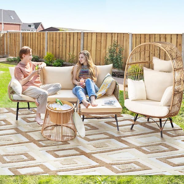 FINCATI 4 Pieces Boho Beige Wicker Patio Conversation Sofa Set with Ice Bucket Egg Chair with Beige Cushions